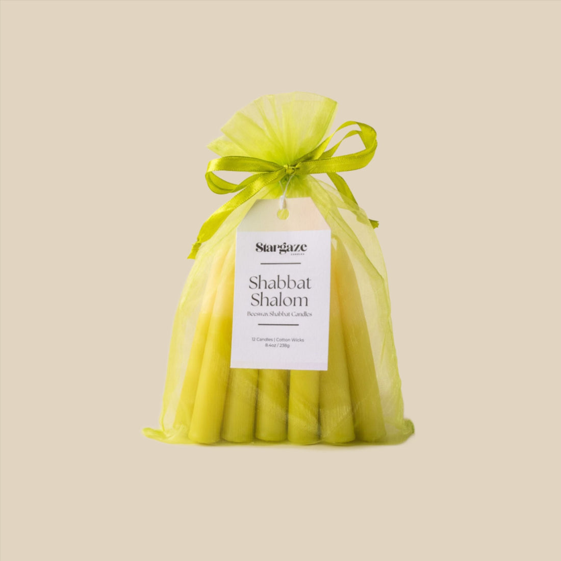 Lime Green and White Beeswax Shabbat Candles